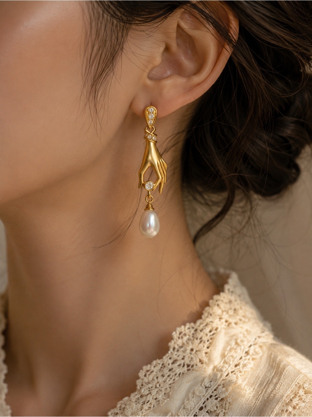 Victorian Golden Hand Baroque Pearl Drop Earrings - Picture 6 of 6